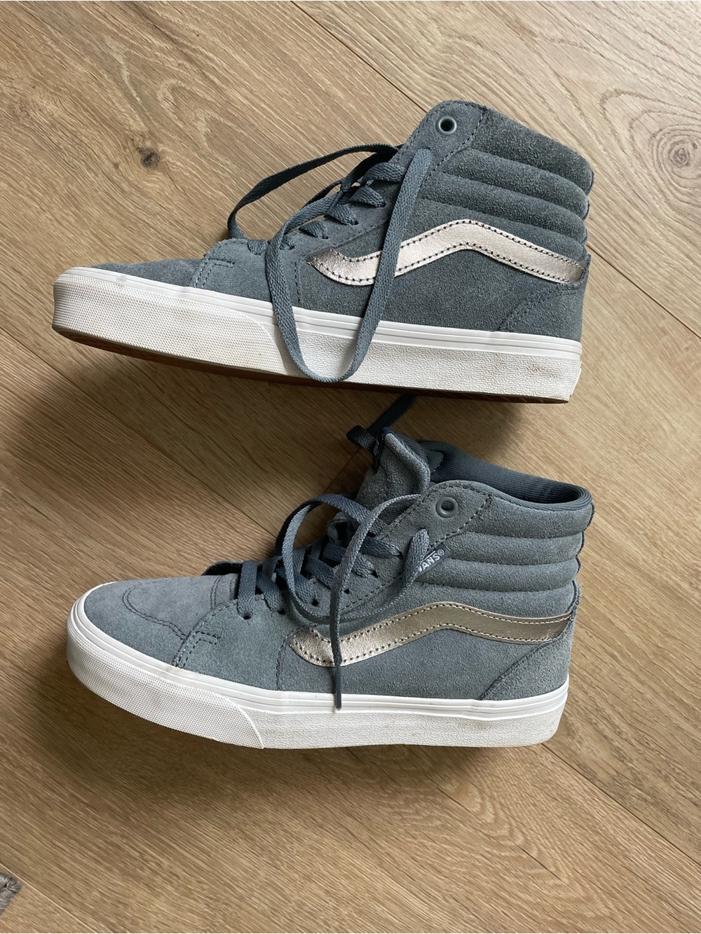 Vans High Top Suede Sneakers in Blueish-Gray with Metallic Stripe